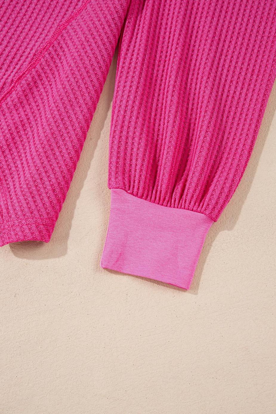 Knit Tops | Bright Pink Waffle V Neck Drop Shoulder Long Sleeve Loose Top - Women