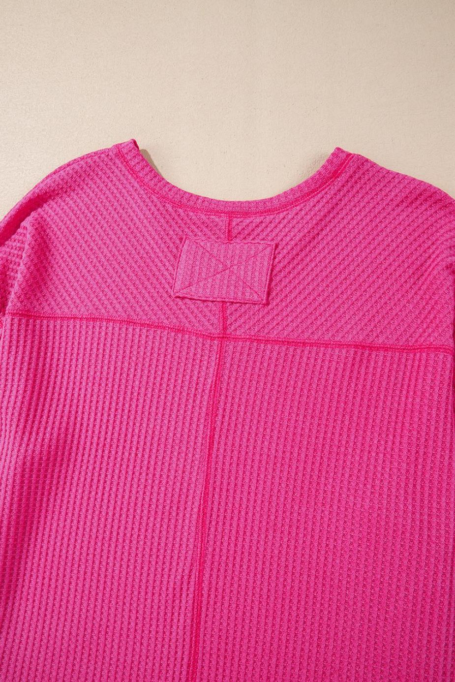 Knit Tops | Bright Pink Waffle V Neck Drop Shoulder Long Sleeve Loose Top - Women