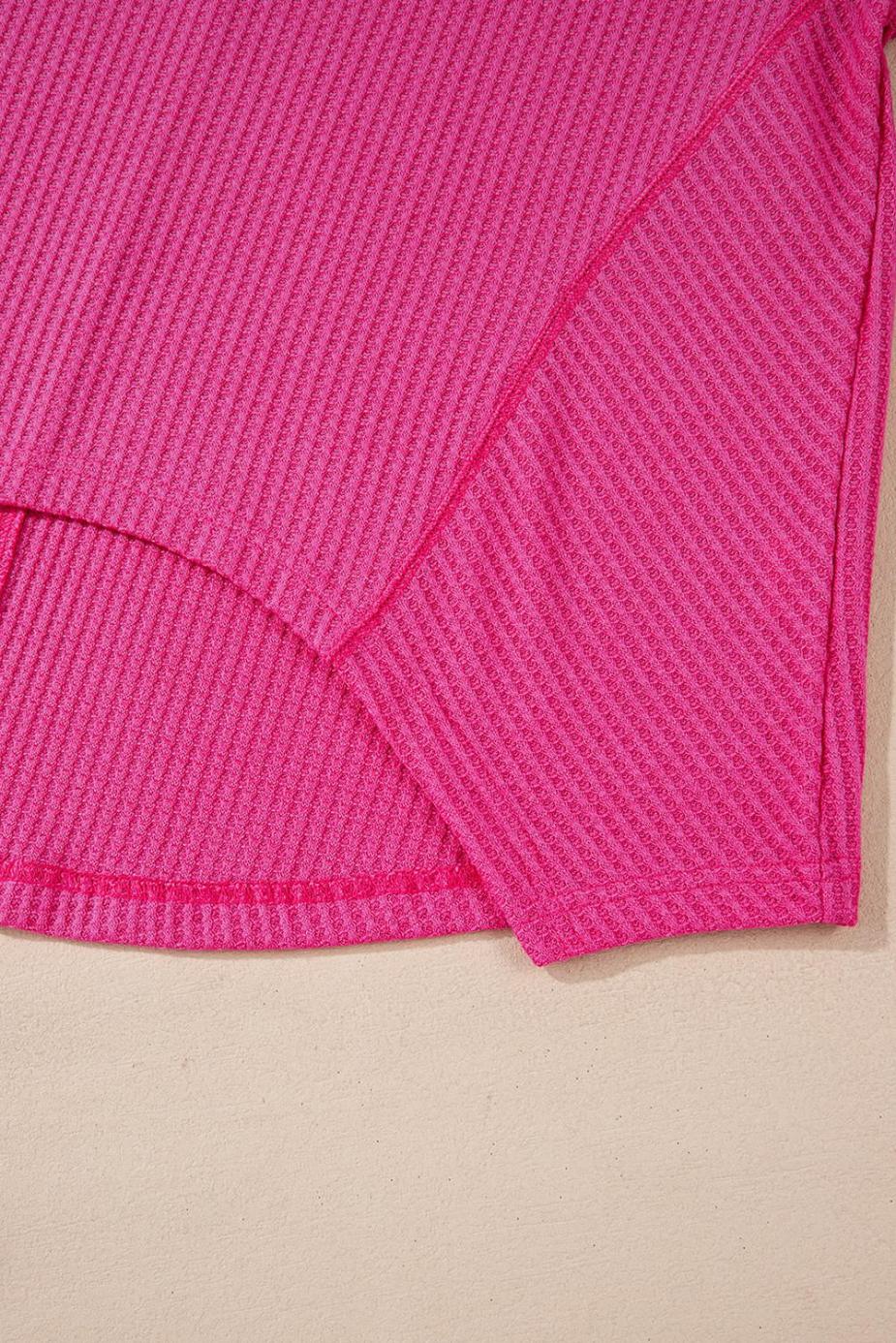 Knit Tops | Bright Pink Waffle V Neck Drop Shoulder Long Sleeve Loose Top - Women