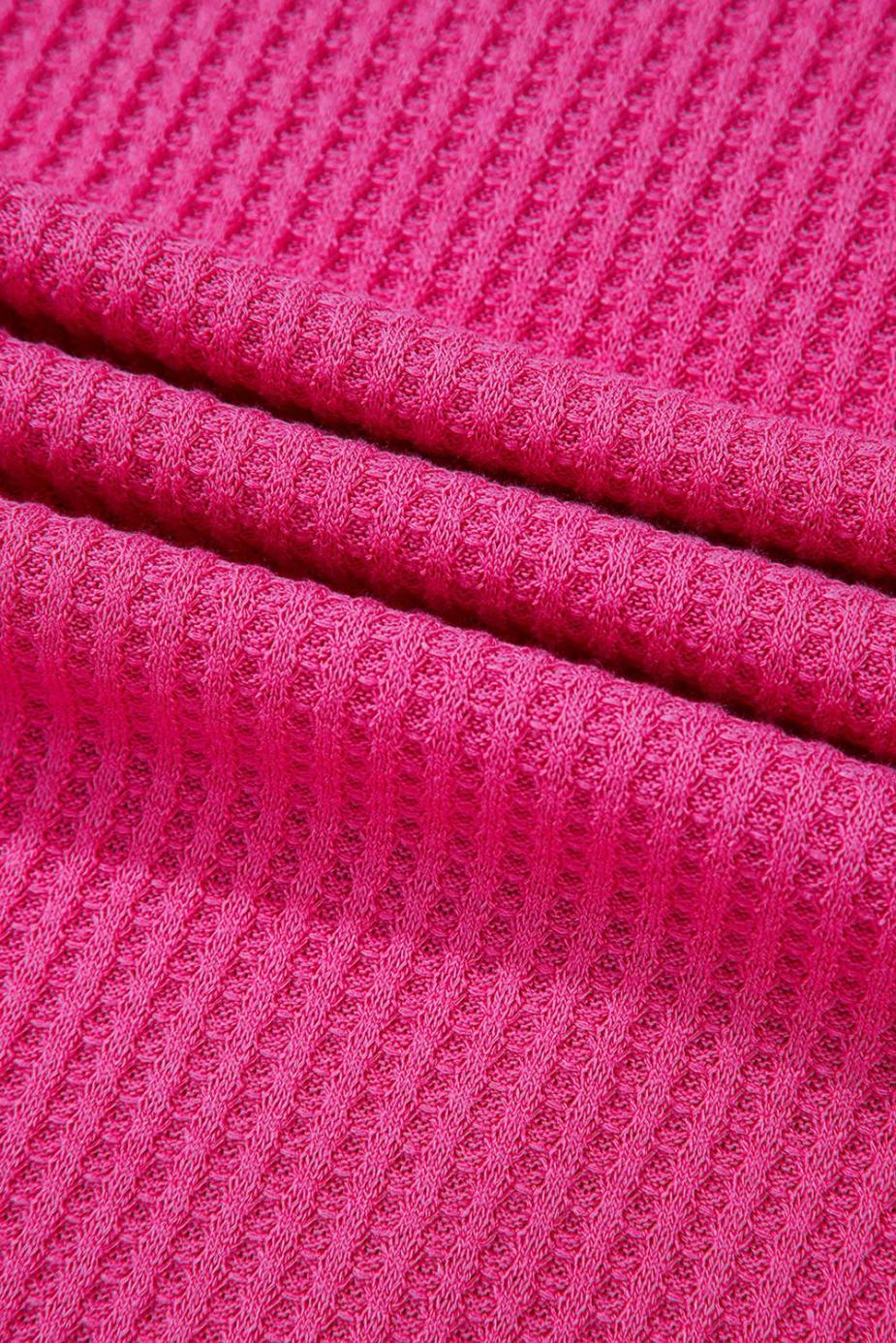 Knit Tops | Bright Pink Waffle V Neck Drop Shoulder Long Sleeve Loose Top - Women