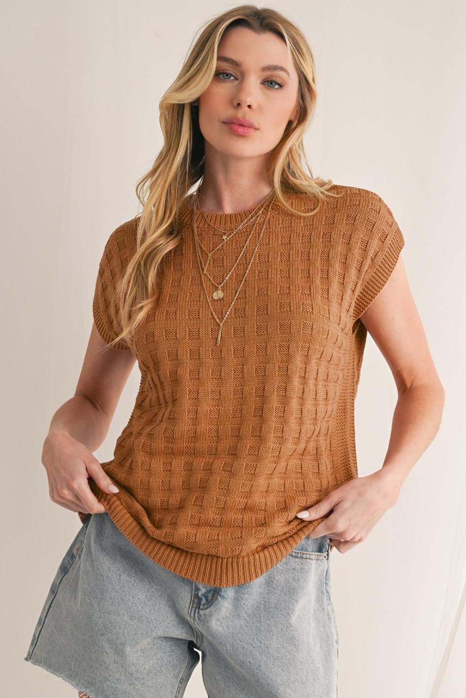 Knit Tops | Camel Plain Checkered Texture Knit Top - Women