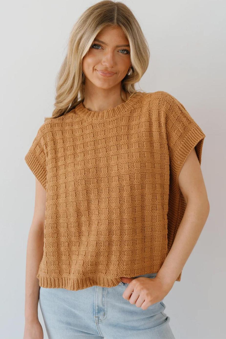 Knit Tops | Camel Plain Checkered Texture Knit Top - Women