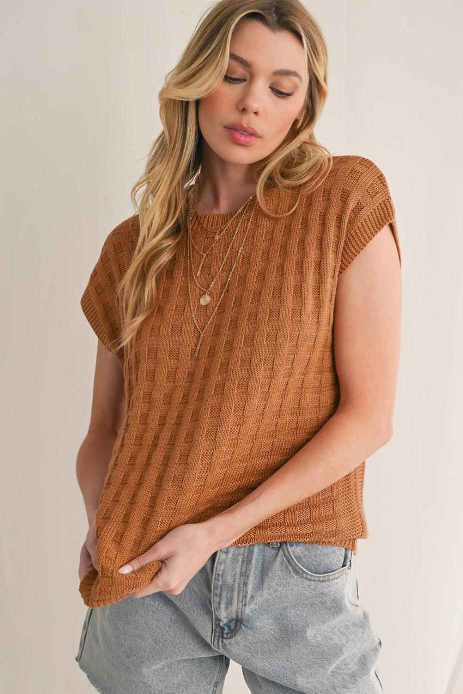 Knit Tops | Camel Plain Checkered Texture Knit Top - Women