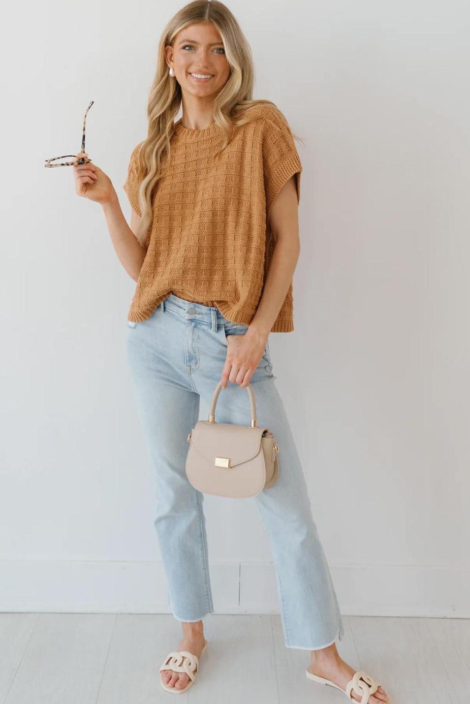Knit Tops | Camel Plain Checkered Texture Knit Top - Women