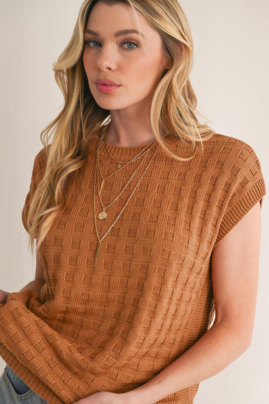 Knit Tops | Camel Plain Checkered Texture Knit Top - Women