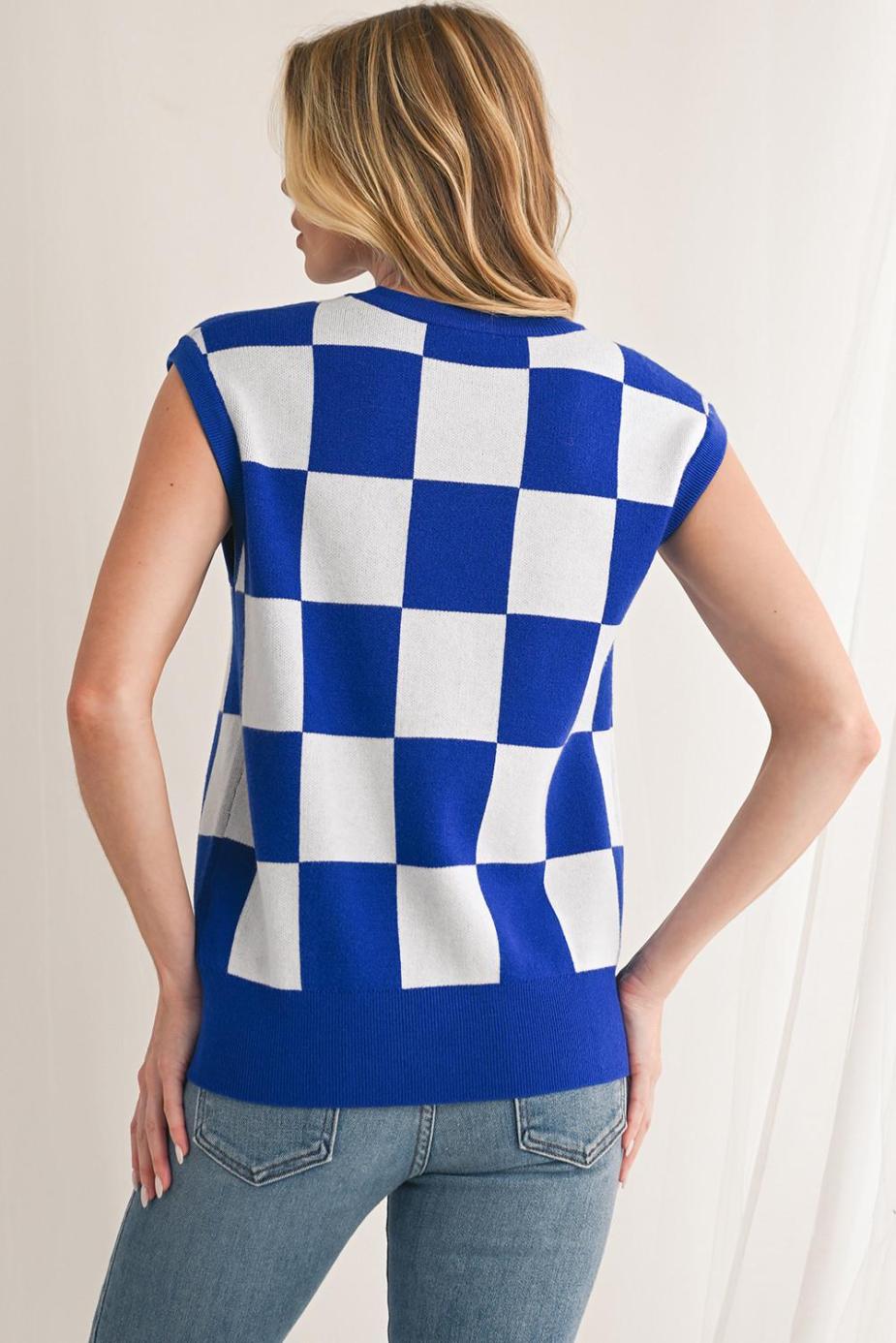 Knit Tops | Dark Blue Checkered Knit Top - Women