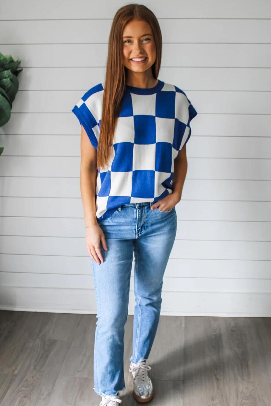 Knit Tops | Dark Blue Checkered Knit Top - Women
