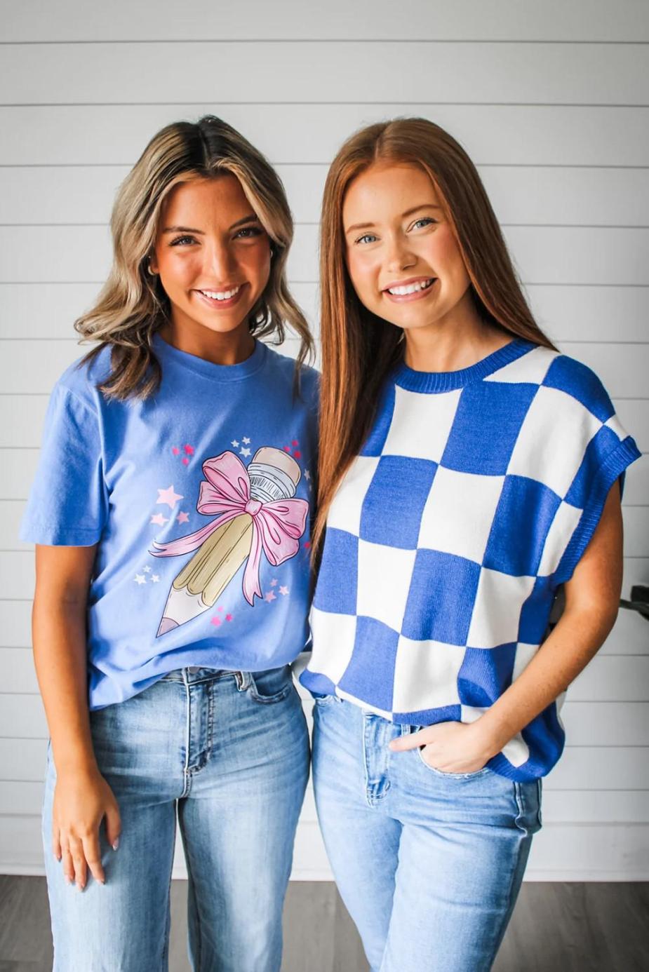 Knit Tops | Dark Blue Checkered Knit Top - Women