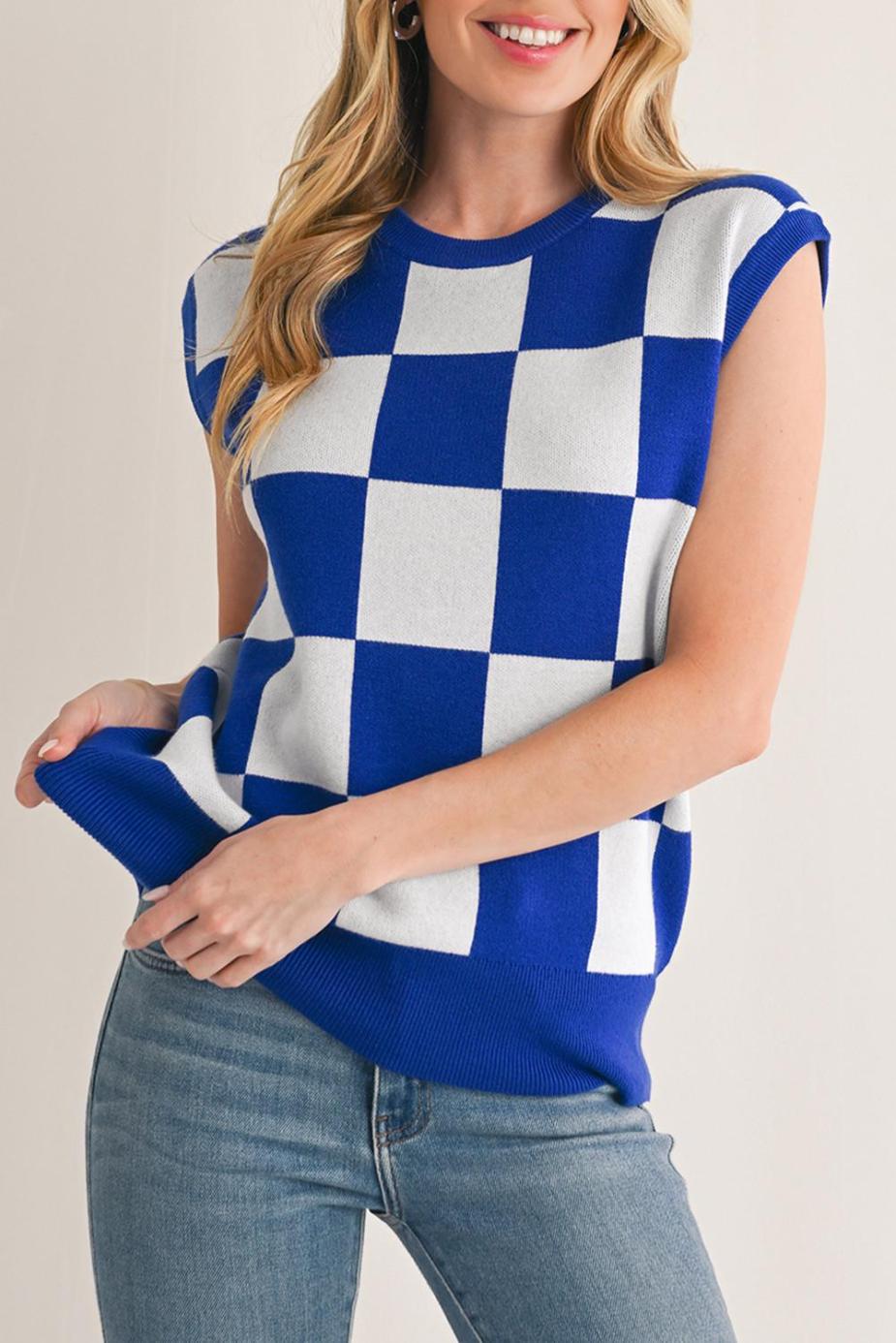 Knit Tops | Dark Blue Checkered Knit Top - Women