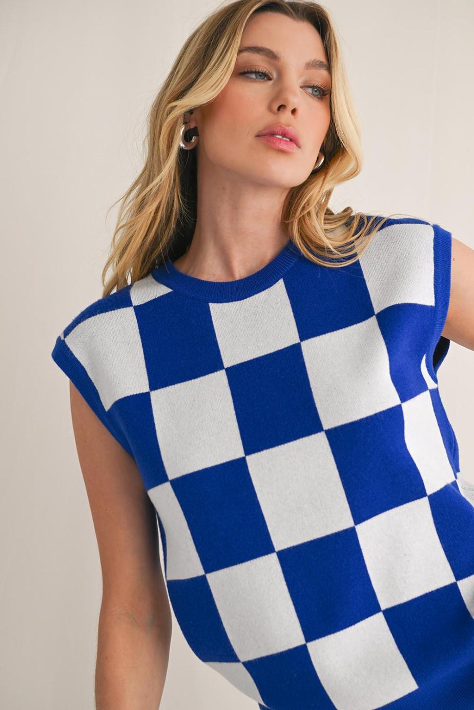 Knit Tops | Dark Blue Checkered Knit Top - Women