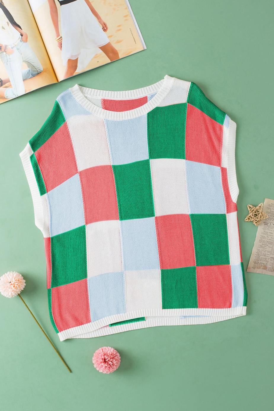 Knit Tops | Dark Green Checkered Color Block Cap Sleeve Knitted Top - Women