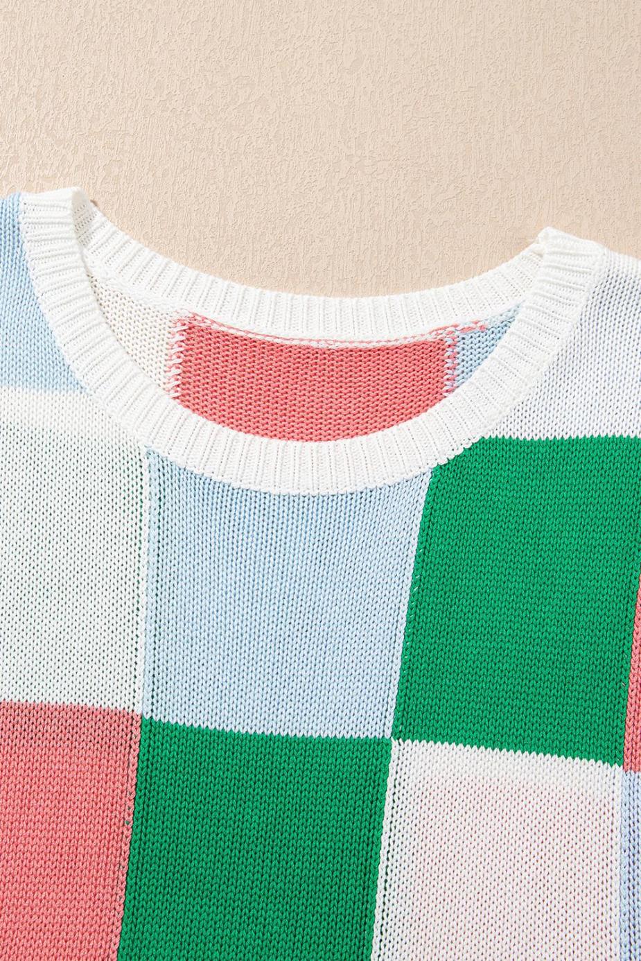 Knit Tops | Dark Green Checkered Color Block Cap Sleeve Knitted Top - Women