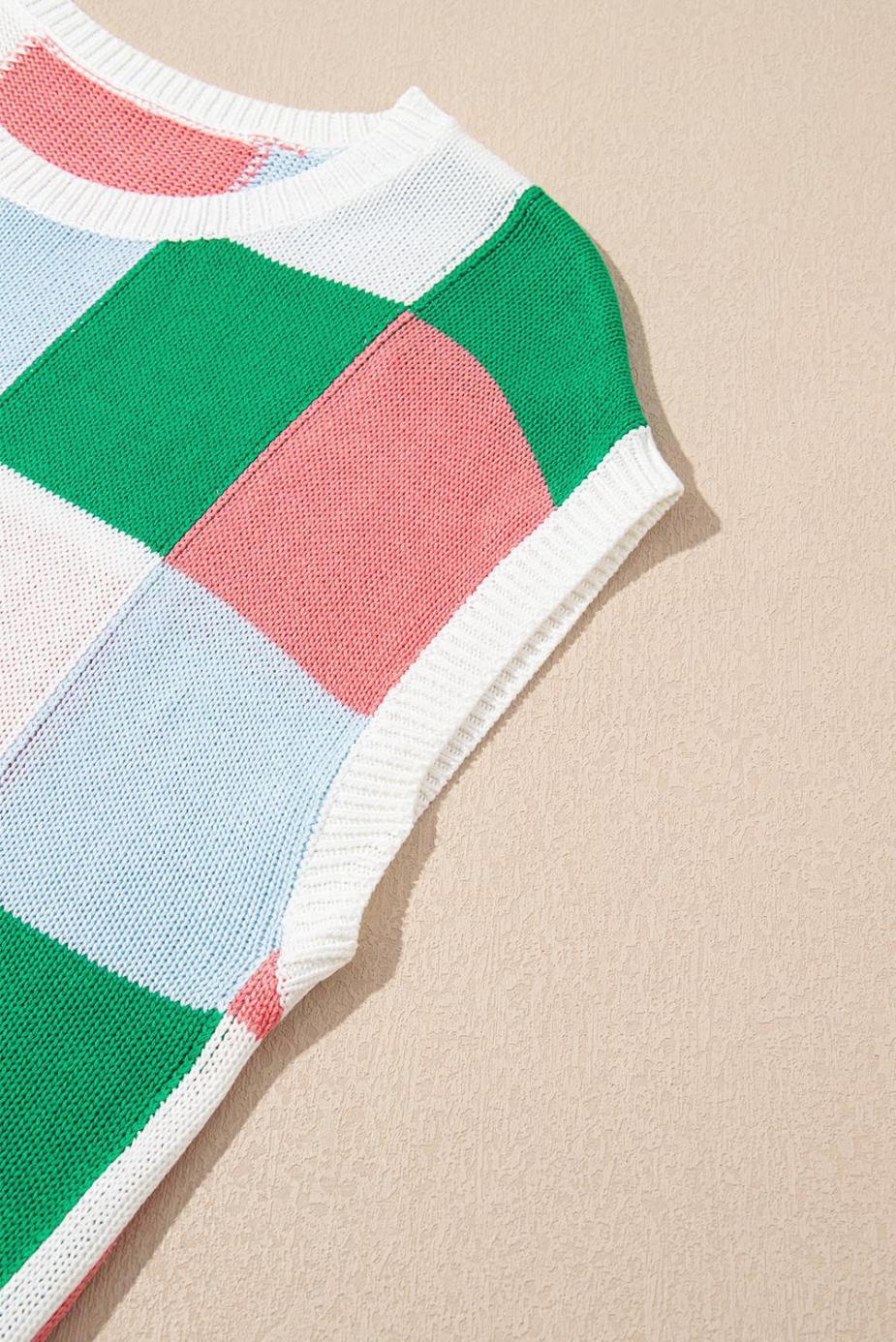 Knit Tops | Dark Green Checkered Color Block Cap Sleeve Knitted Top - Women