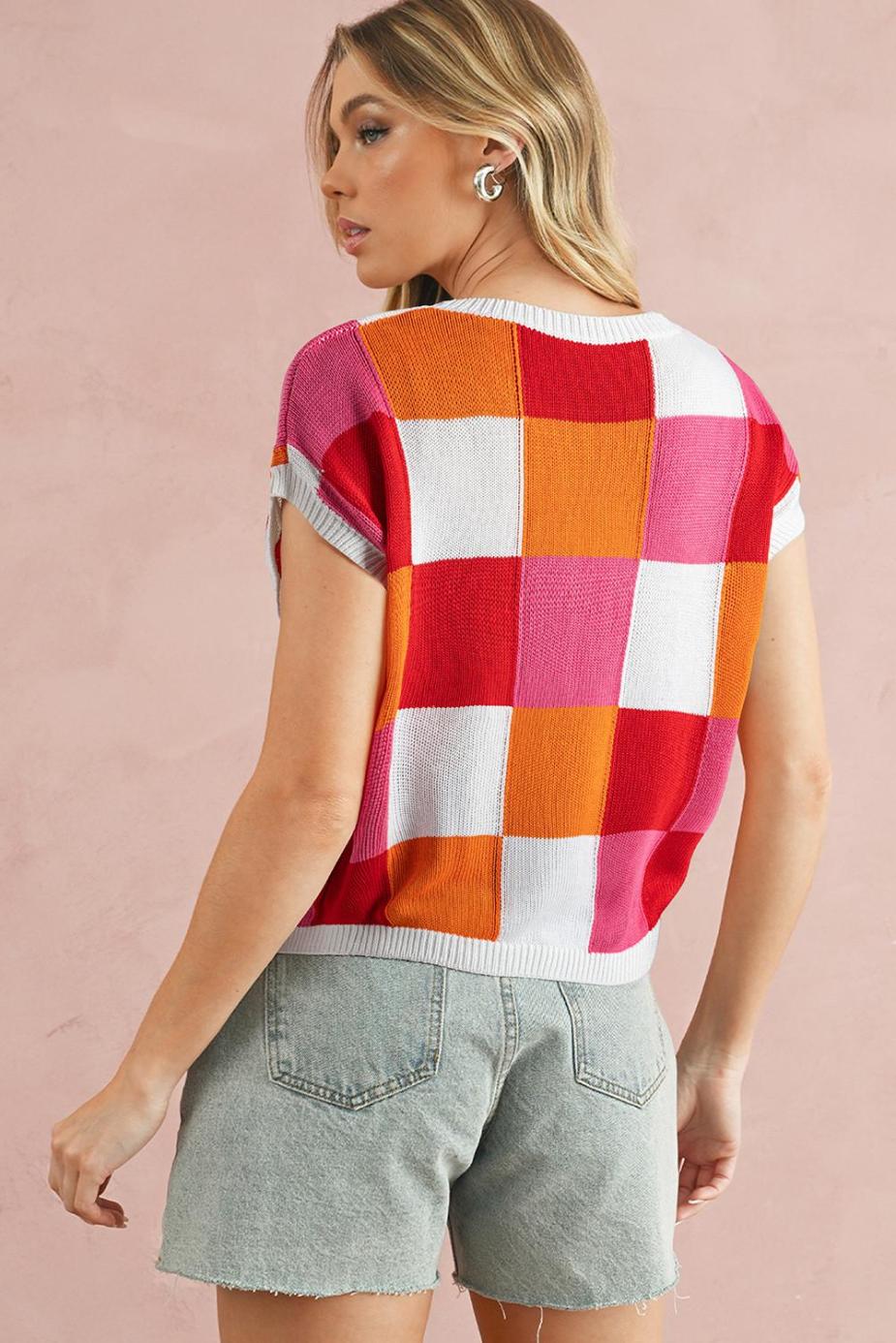 Knit Tops | Fiery Red Checkered Color Block Cap Sleeve Knitted Top - Women