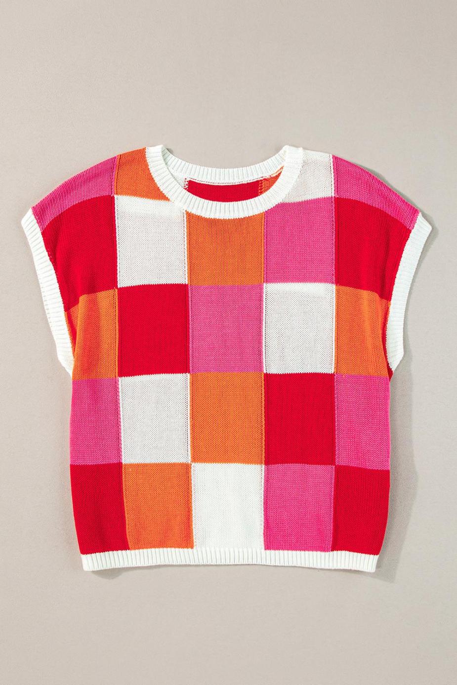 Knit Tops | Fiery Red Checkered Color Block Cap Sleeve Knitted Top - Women