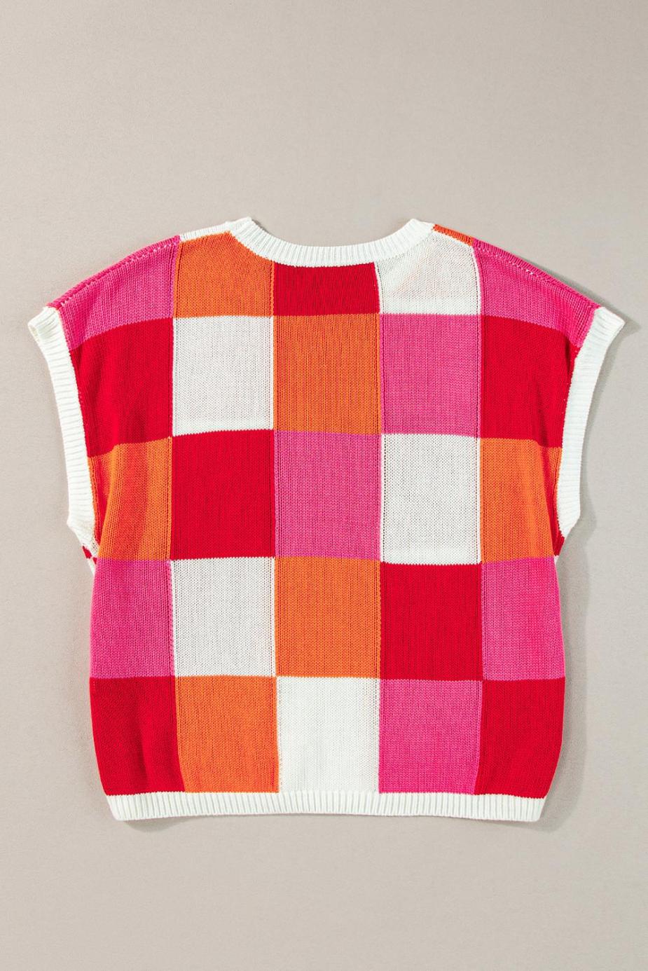 Knit Tops | Fiery Red Checkered Color Block Cap Sleeve Knitted Top - Women