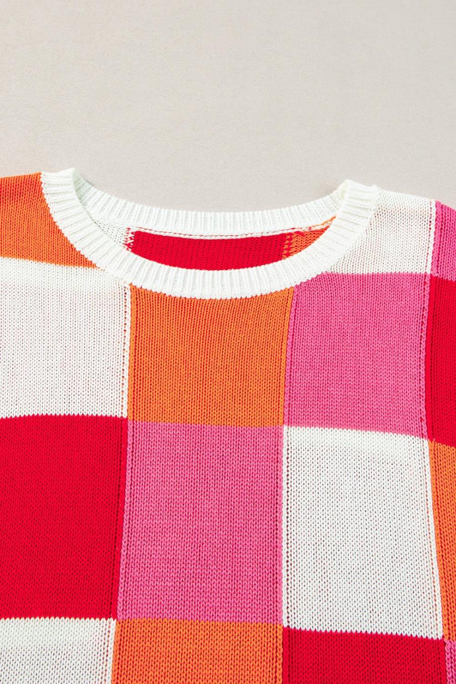 Knit Tops | Fiery Red Checkered Color Block Cap Sleeve Knitted Top - Women
