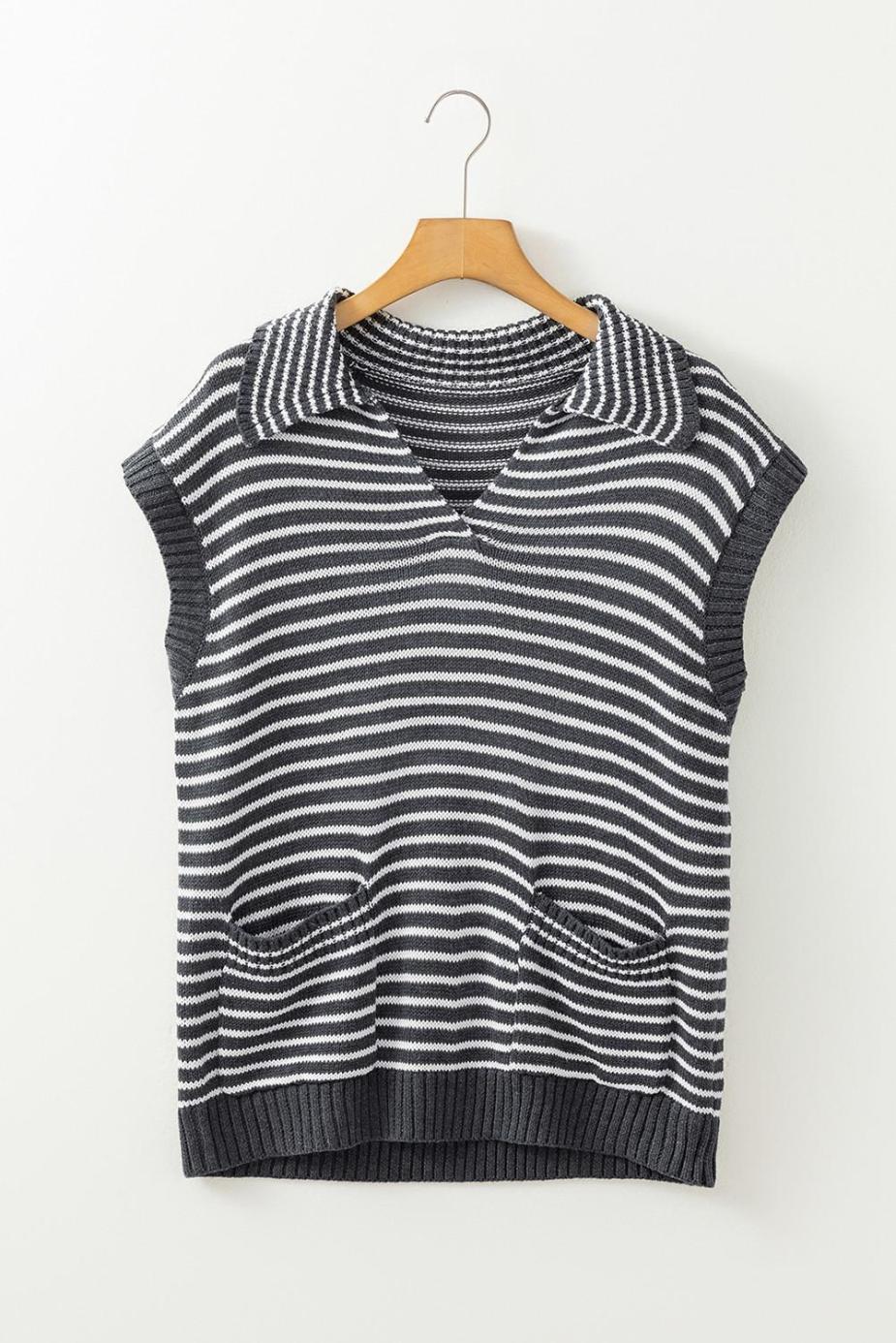 Knit Tops | Gray Stripe Collared V Neck Pockets Sweater Vest - Women