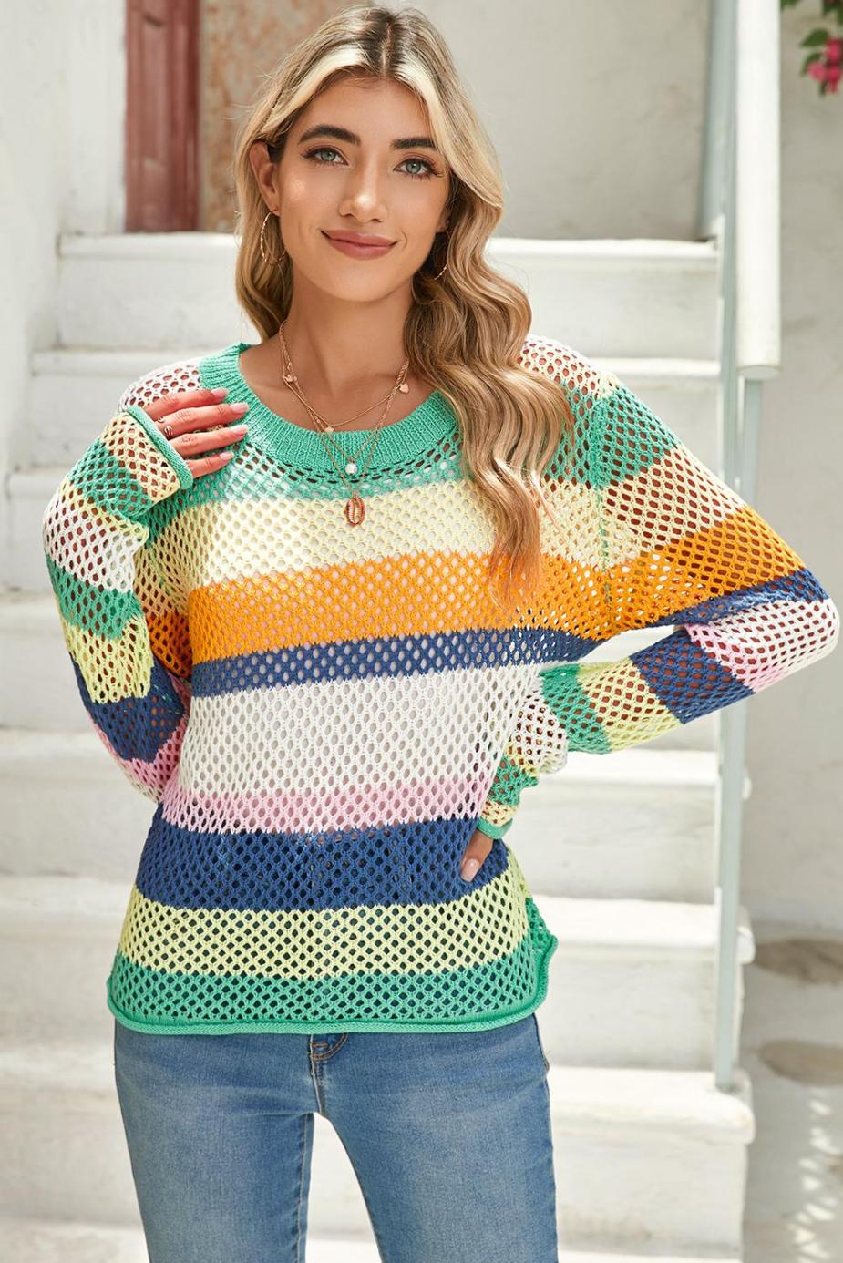 Knit Tops | Green Colorblock Striped Hollow Knitted Top - Women