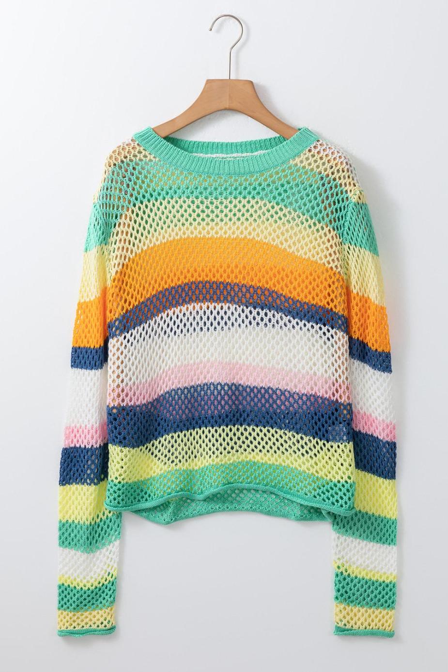 Knit Tops | Green Colorblock Striped Hollow Knitted Top - Women