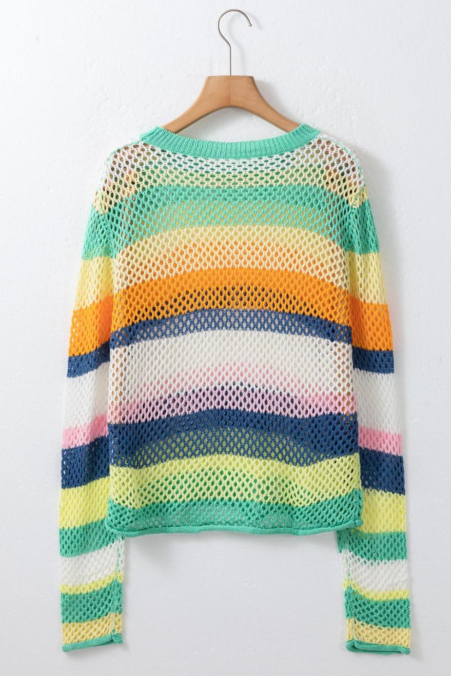 Knit Tops | Green Colorblock Striped Hollow Knitted Top - Women