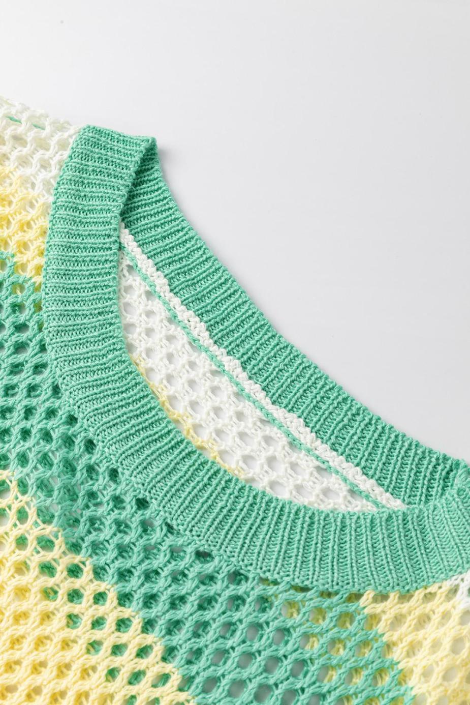 Knit Tops | Green Colorblock Striped Hollow Knitted Top - Women