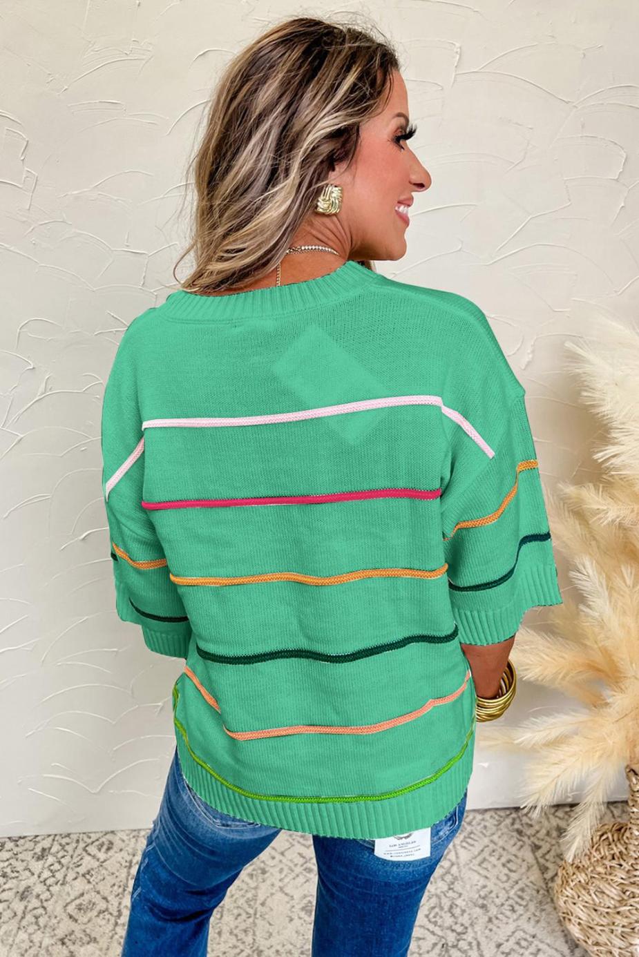 Knit Tops | Green Striped Half Sleeve Drop Shoulder Sweater - Women