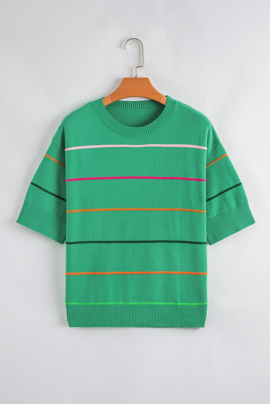 Knit Tops | Green Striped Half Sleeve Drop Shoulder Sweater - Women