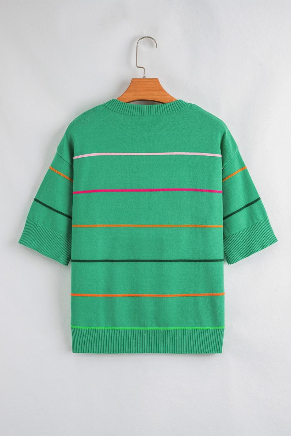 Knit Tops | Green Striped Half Sleeve Drop Shoulder Sweater - Women