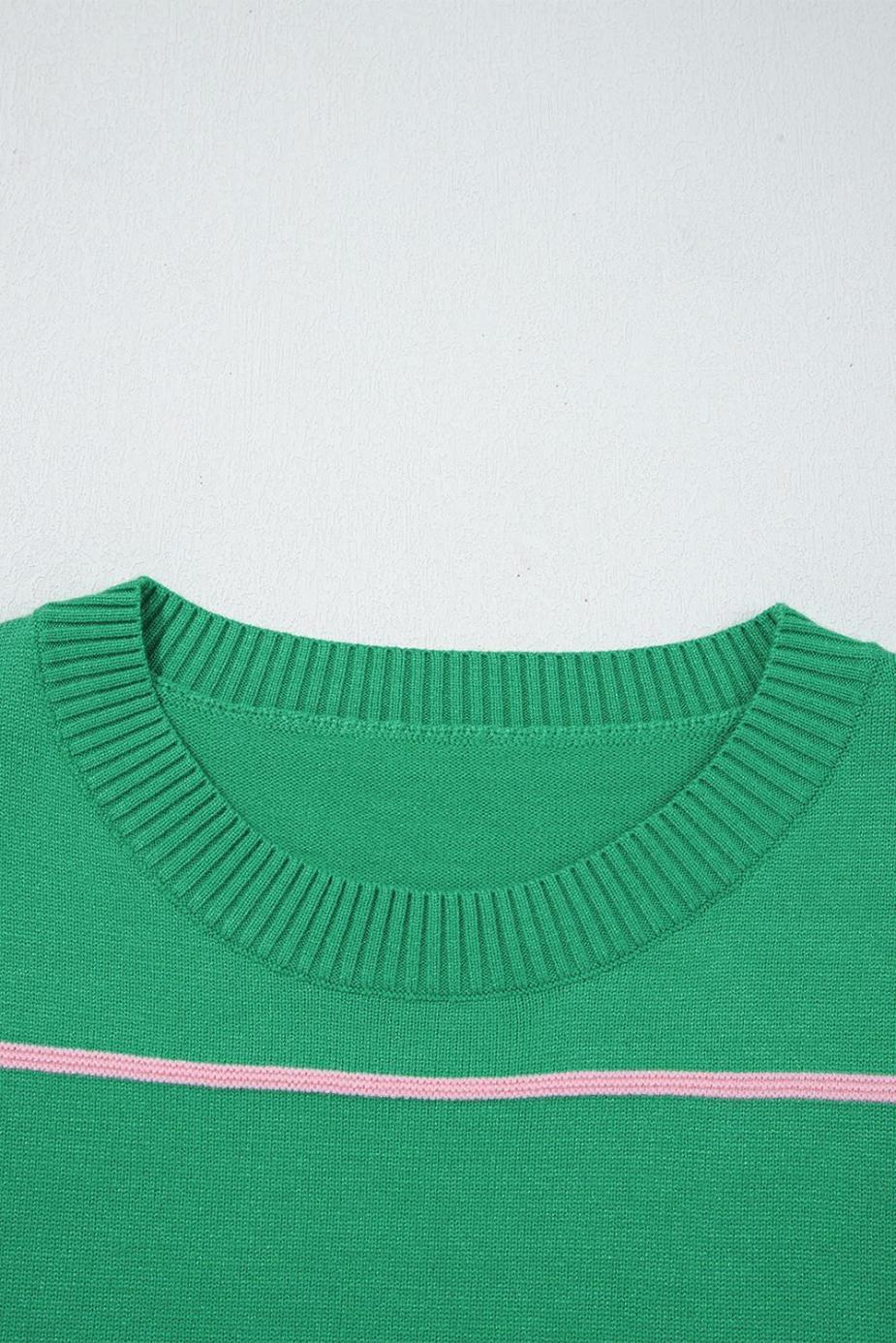 Knit Tops | Green Striped Half Sleeve Drop Shoulder Sweater - Women