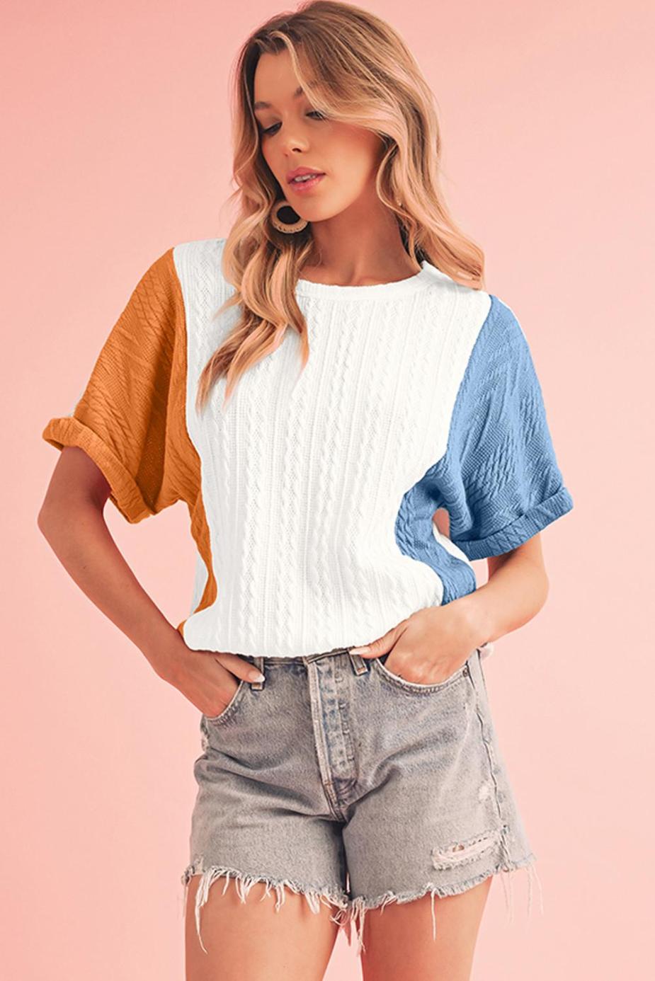 Knit Tops | Light Blue Color Block Textured Loose Fit T Shirt - Women