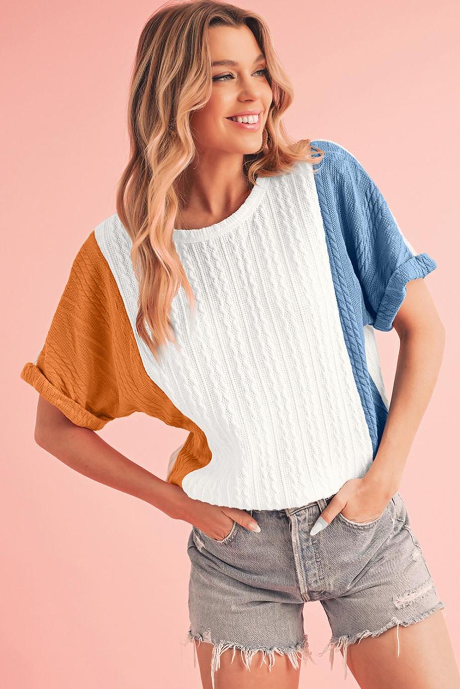 Knit Tops | Light Blue Color Block Textured Loose Fit T Shirt - Women