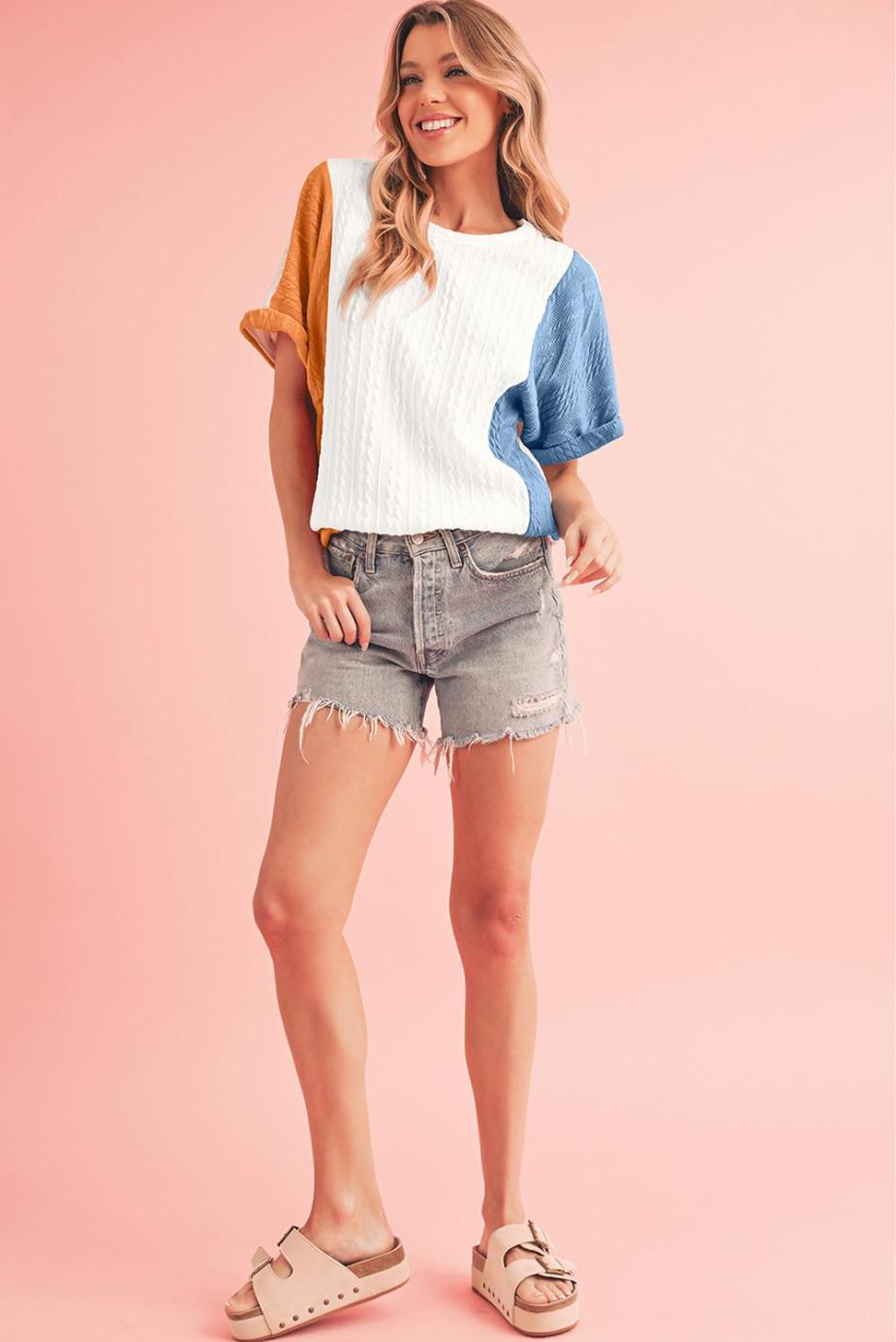 Knit Tops | Light Blue Color Block Textured Loose Fit T Shirt - Women