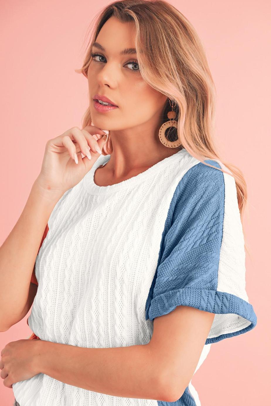 Knit Tops | Light Blue Color Block Textured Loose Fit T Shirt - Women