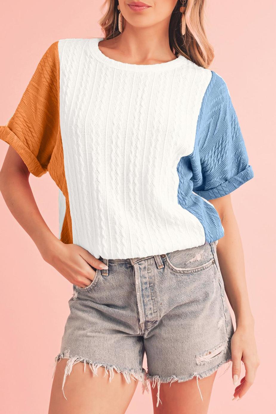 Knit Tops | Light Blue Color Block Textured Loose Fit T Shirt - Women