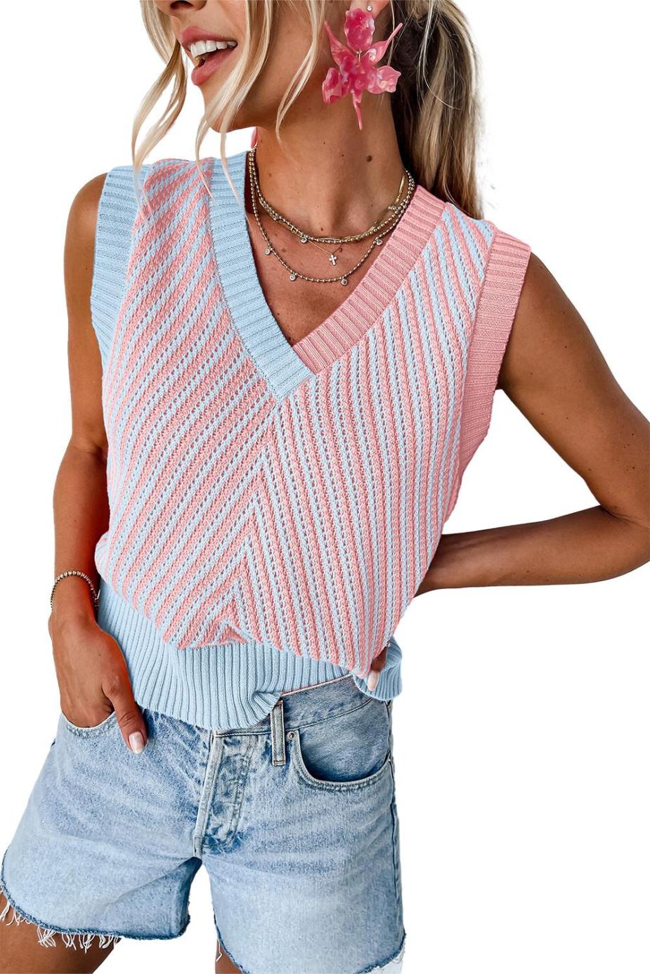 Knit Tops | Light Pink Colorblock Chevron V Neck Knitted Vest - Women