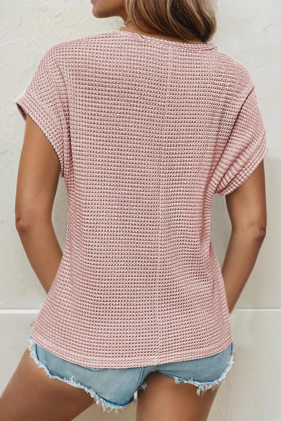 Knit Tops | Light Pink Hollow Patchwork Waffle Knit Top - Women