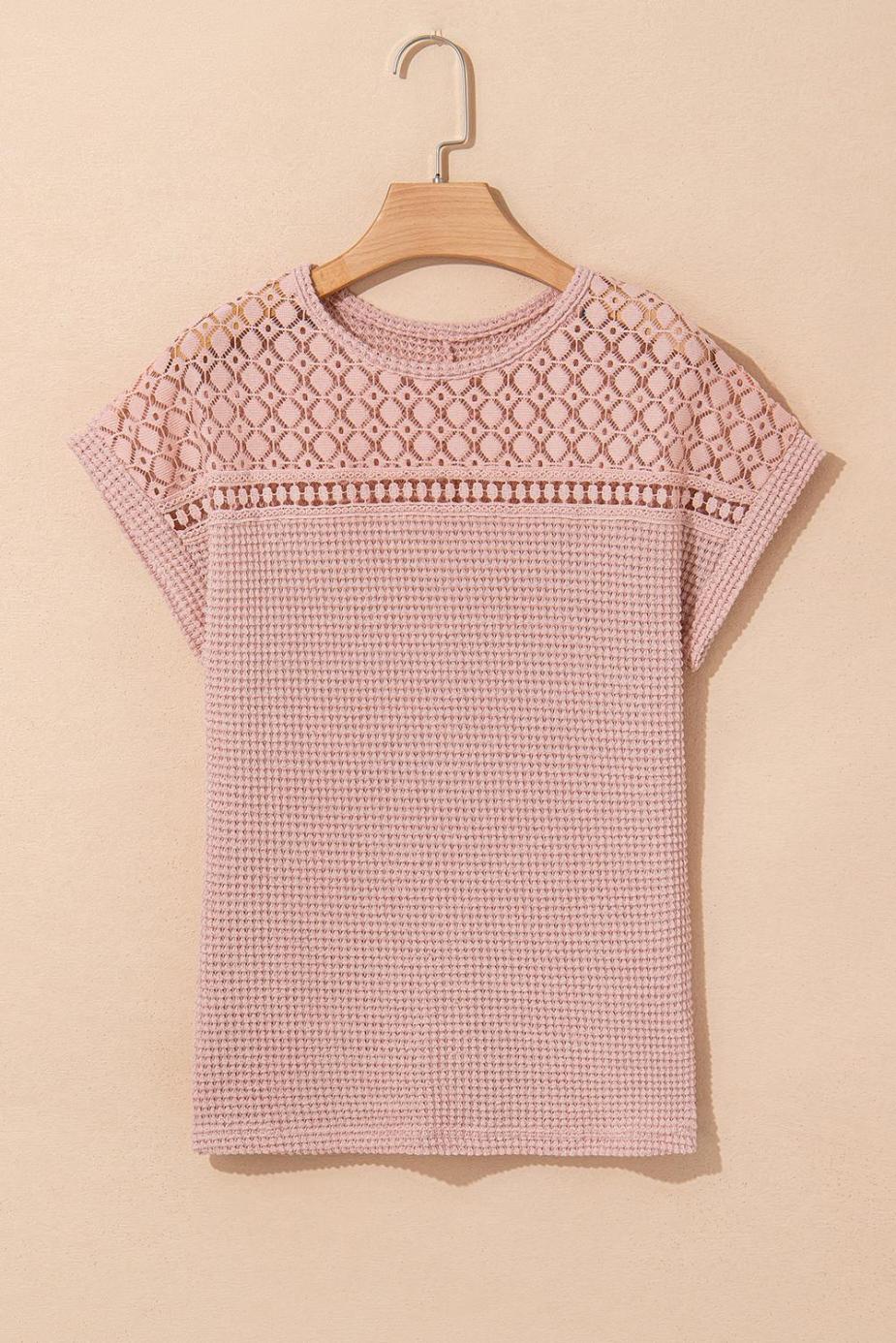 Knit Tops | Light Pink Hollow Patchwork Waffle Knit Top - Women