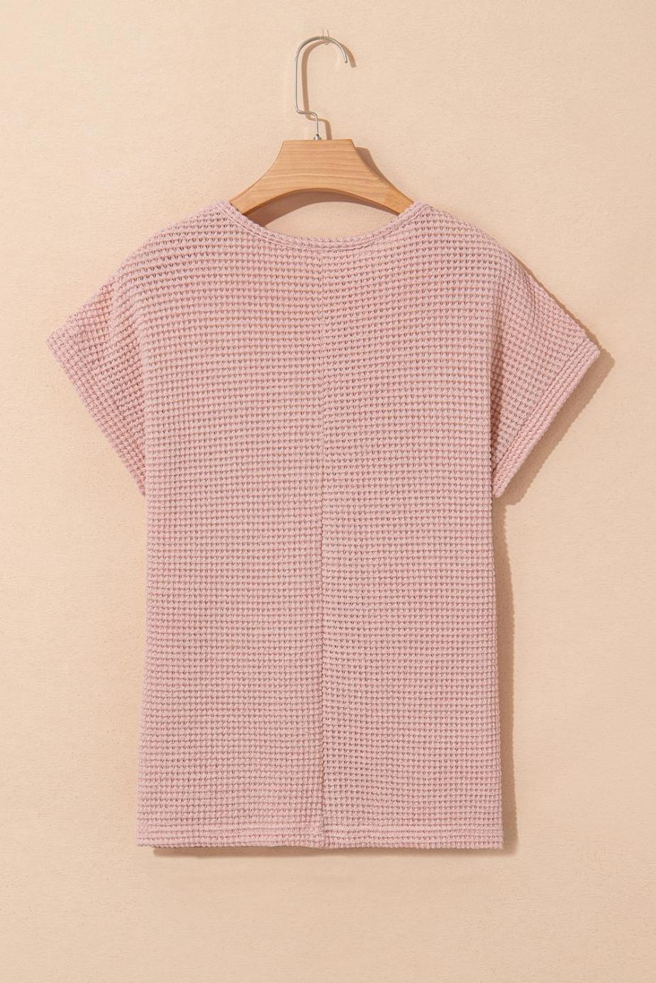 Knit Tops | Light Pink Hollow Patchwork Waffle Knit Top - Women