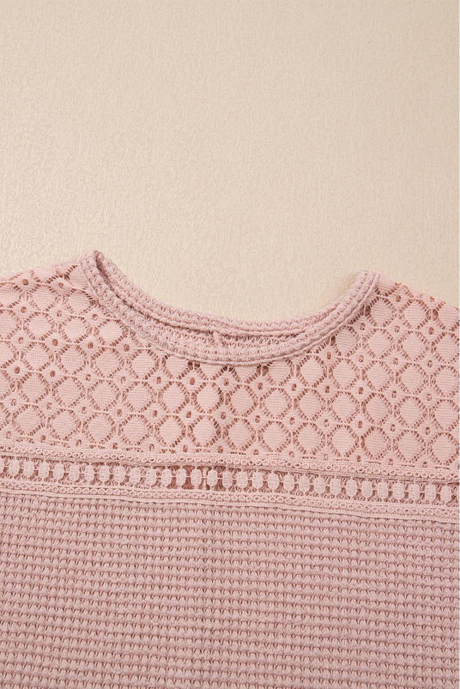 Knit Tops | Light Pink Hollow Patchwork Waffle Knit Top - Women