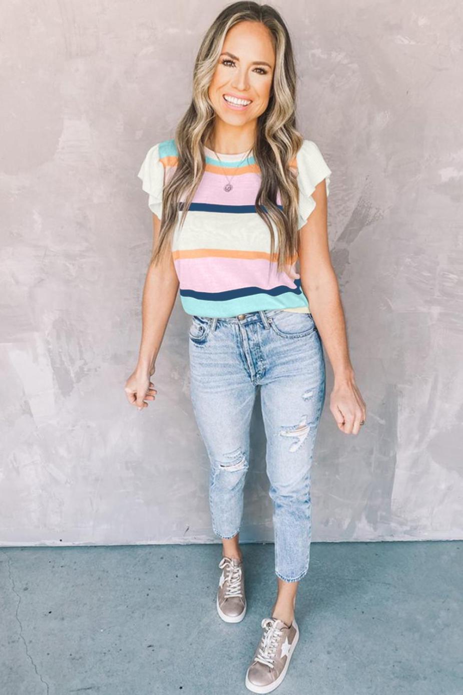 Knit Tops | Multicolour Striped Colorblock Flutter Sleeve Knit Top - Women