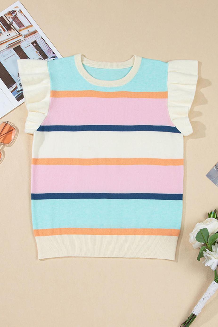 Knit Tops | Multicolour Striped Colorblock Flutter Sleeve Knit Top - Women