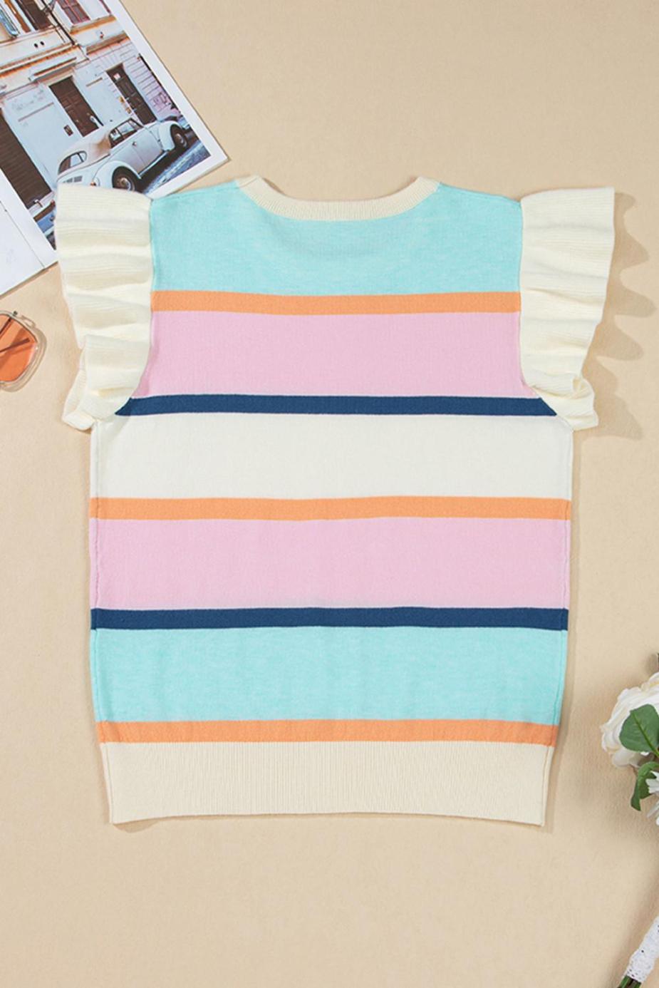 Knit Tops | Multicolour Striped Colorblock Flutter Sleeve Knit Top - Women