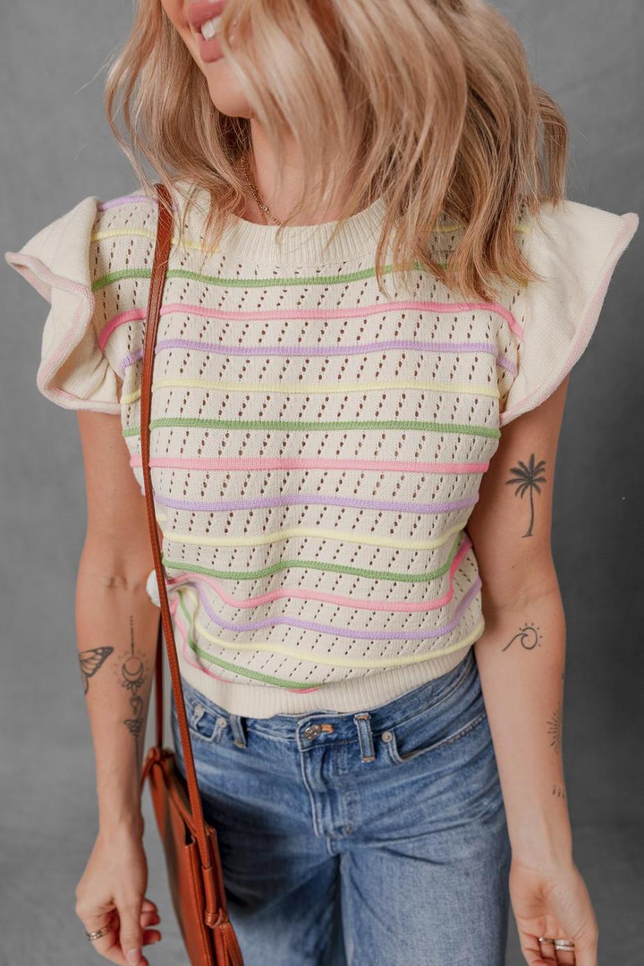 Knit Tops | Oatmeal Colorful Striped Eyelet Knit Ruffle Top - Women