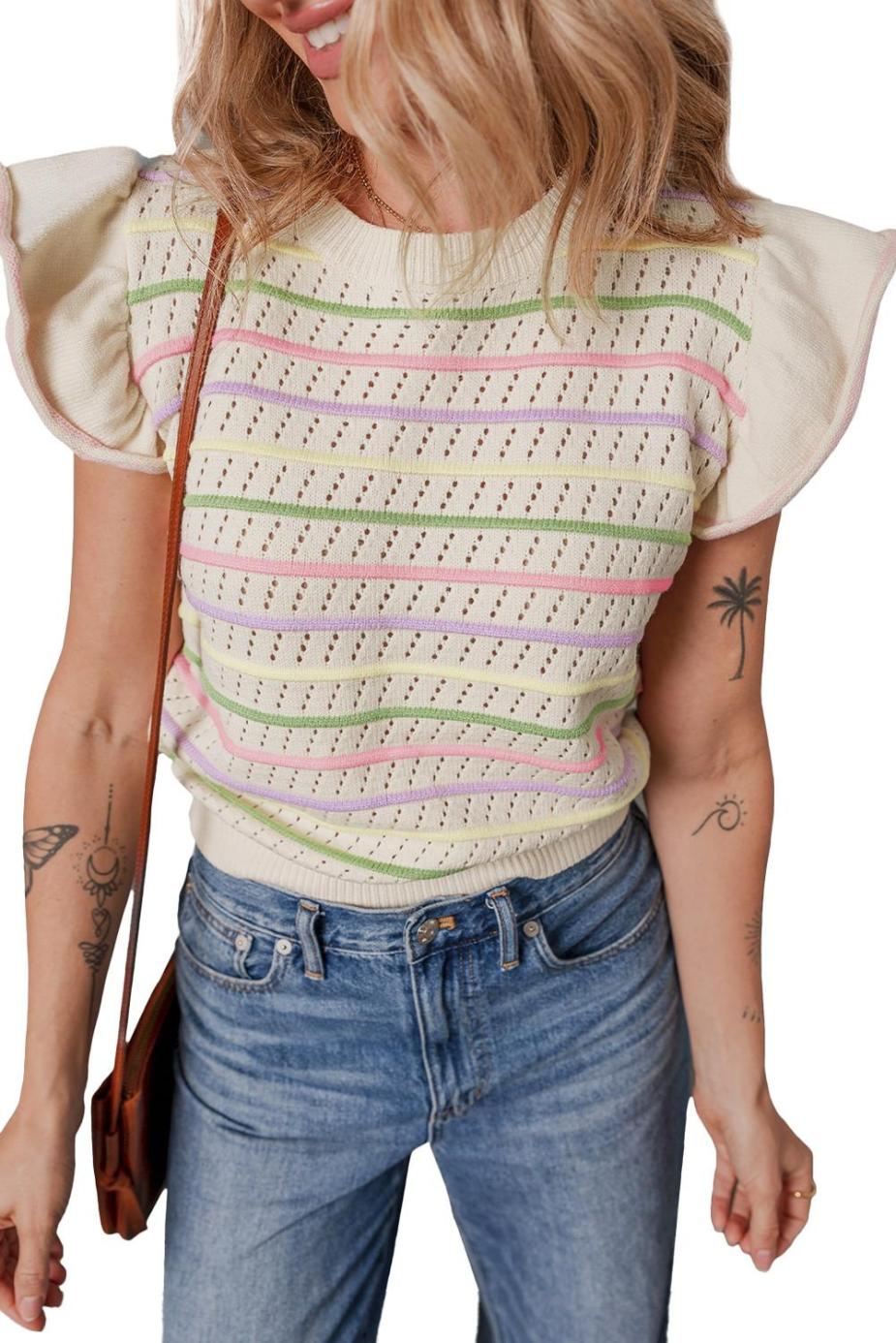 Knit Tops | Oatmeal Colorful Striped Eyelet Knit Ruffle Top - Women