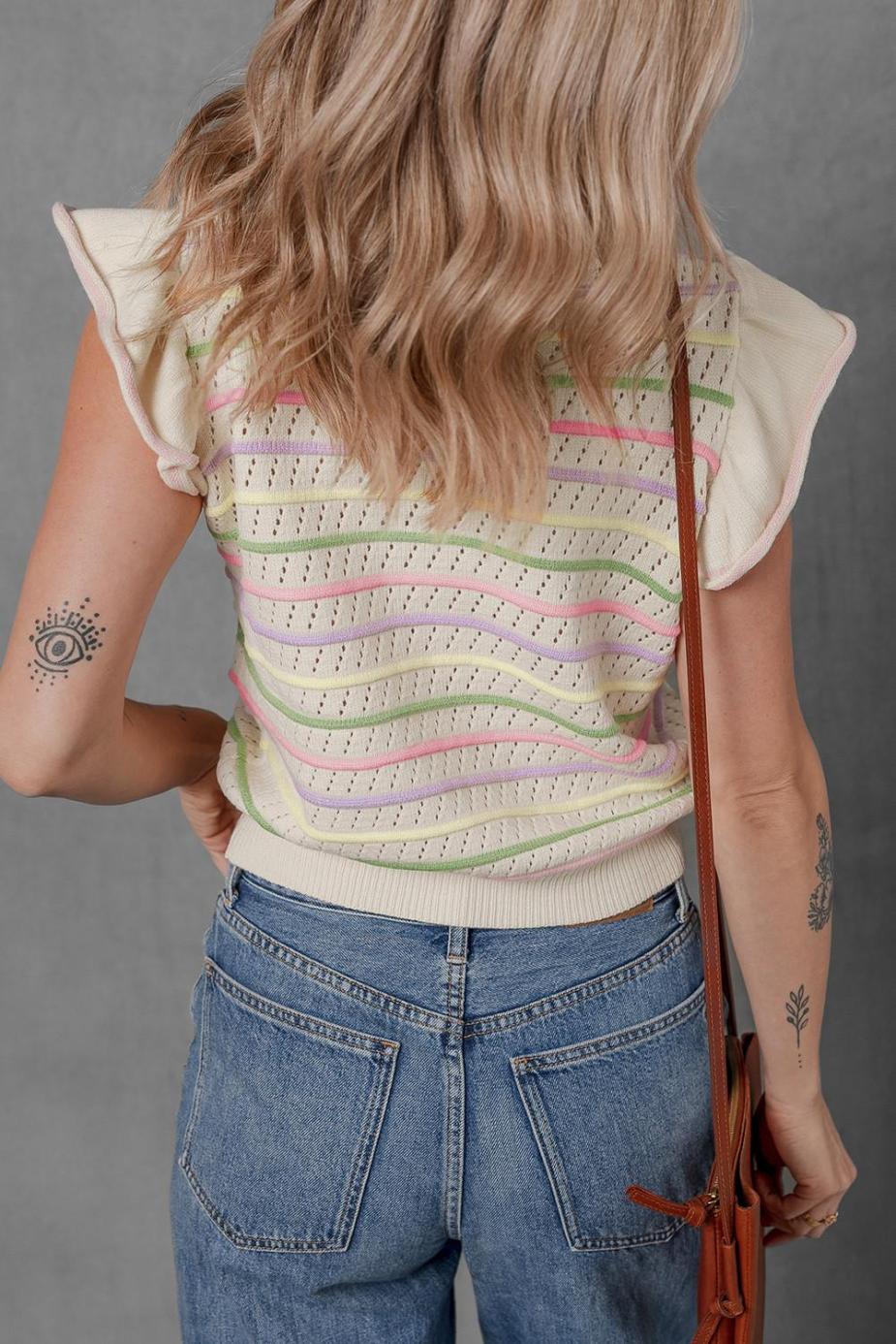Knit Tops | Oatmeal Colorful Striped Eyelet Knit Ruffle Top - Women