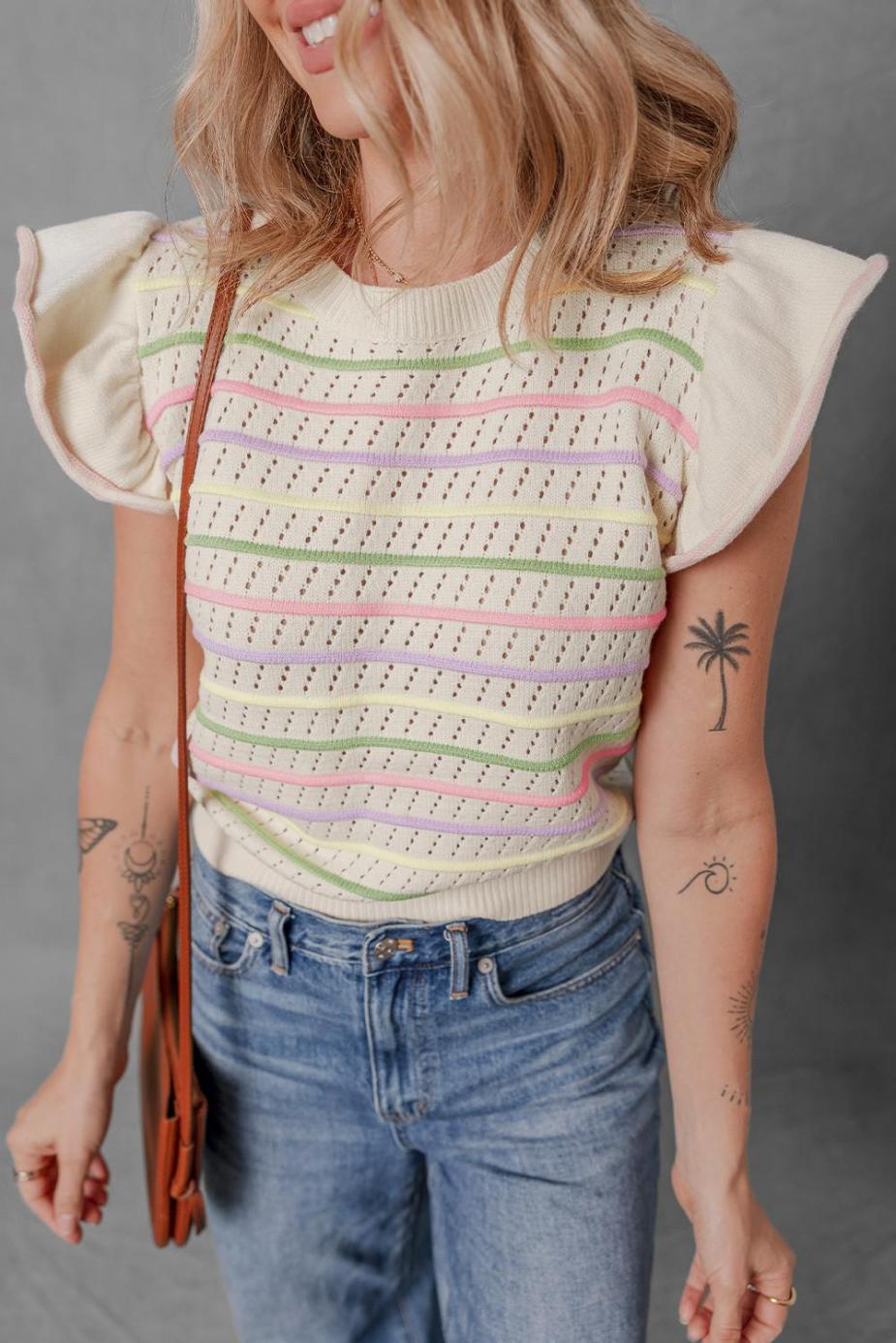 Knit Tops | Oatmeal Colorful Striped Eyelet Knit Ruffle Top - Women