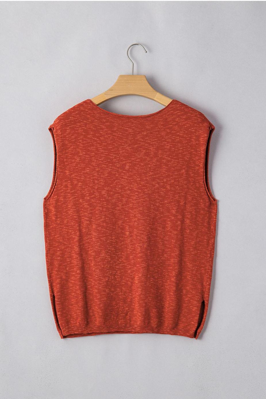 Knit Tops | Orange Solid Color Split V Neck Knit Top - Women