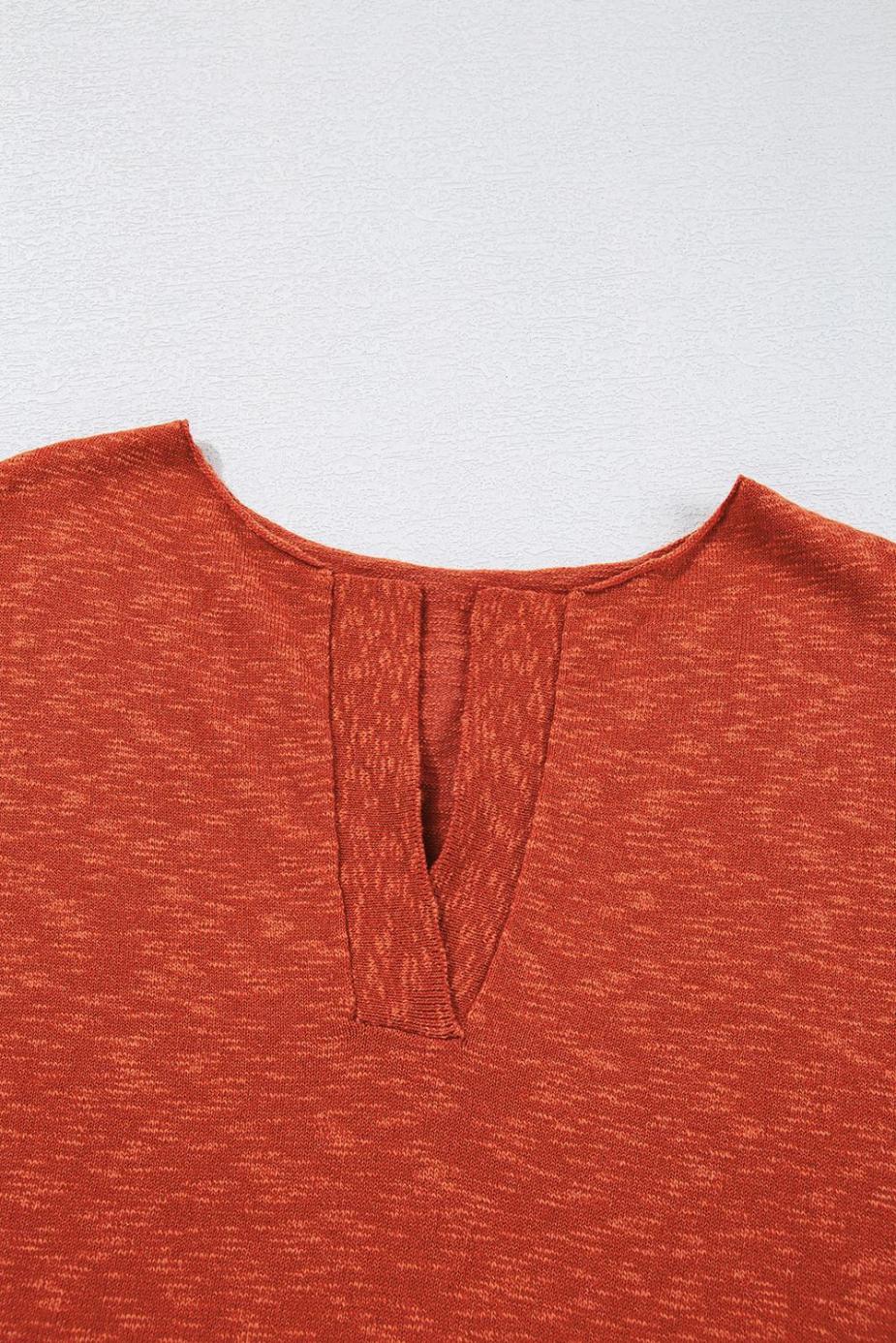 Knit Tops | Orange Solid Color Split V Neck Knit Top - Women