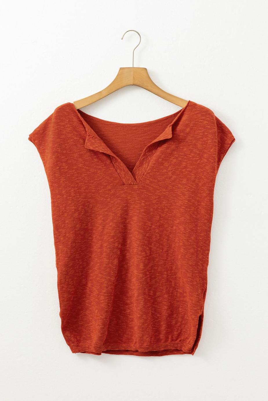 Knit Tops | Orange Solid Color Split V Neck Knit Top - Women